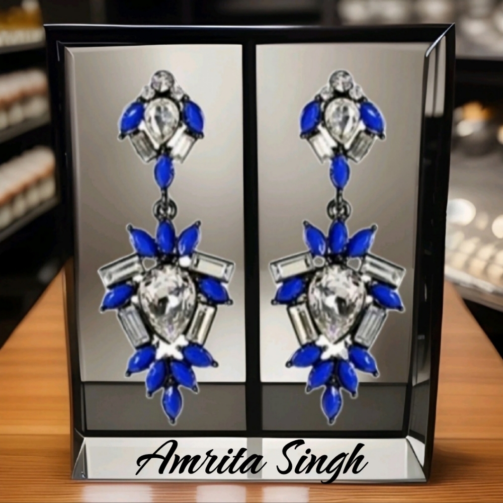 NWT Amrita Singh Cobalt Blue Rocking Crystal Silver Drop Earrings